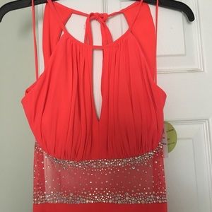 Formal long coral dress with slit and open back